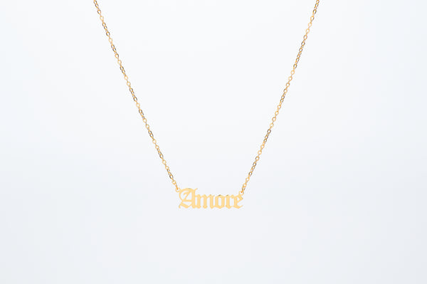 Gothic Font Old English Custom Name Necklace crafted on a dainty cable chain. Made from stainless steel, choose from 18k Gold plated or Silver, tarnish free.