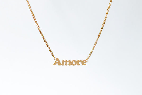 Custom Name Necklace in a block font, crafted onto our box chain. Various chain lengths to choose from. Made with stainless steel plated with 18K Gold. Perfect gift for her / friendship gifts.