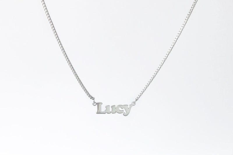 Custom Name Necklace in a block font, crafted onto our box chain. Various chain lengths to choose from. Made with stainless steel, silver. Perfect gift for her / friendship gifts.