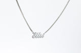 Custom Name Necklace in a cursive, italic style font, crafted onto our box chain. Various chain lengths to choose from. Made with stainless steel, silver. Perfect gift for her / friendship gifts.