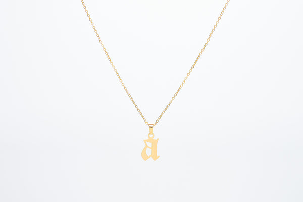Old English Gothic Font lowercase letter alphabet Necklace crafted on a dainty cable chain. Length: 43cm. Made from stainless steel, choose from 18k Gold plated or Silver, tarnish free.